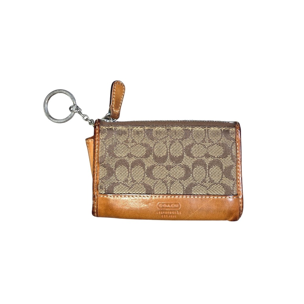 Coach Signature Jacquard Mini Skinny ID Case Brown Tan Leather Key Pouch Wallet